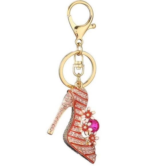 "PINK STRIPED SPIKE HEELS" HANDBAG CHARM PURSE GOLDEN PENDANT 44 - Picture 2 of 3